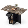 Extendable wooden dinner table with lockable wheels, featuring drop leaf panels, a drawer, and two shelves for storage.