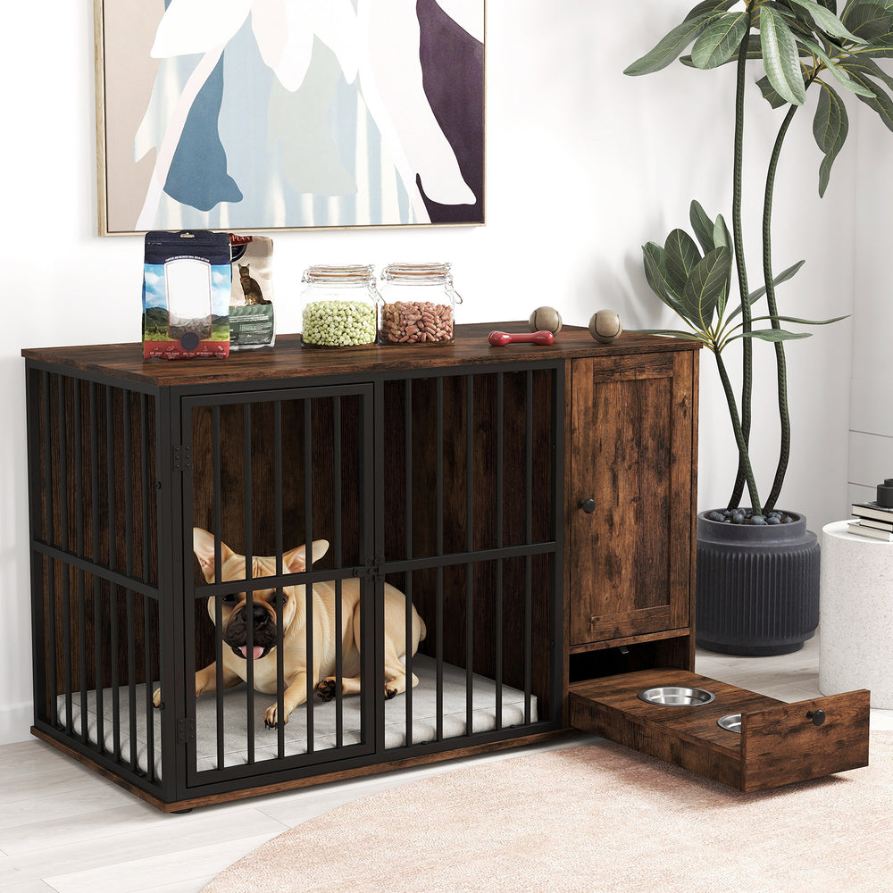Rustic brown 47.5 inch dog crate furniture with hidden pull-out bowls, ideal for small and medium dogs, doubles as an.