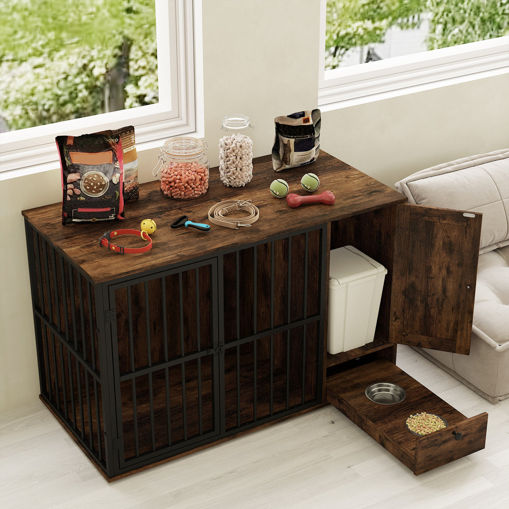 Rustic brown dog crate furniture with hidden pull-out bowls, ideal for small and medium dogs, doubles as an accent.