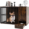 Rustic brown dog crate furniture with a lockable door, hidden pull-out bowls, and sturdy metal fencing for small to.