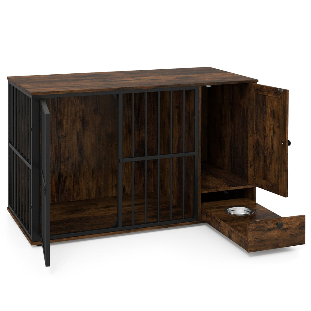 Rustic brown dog crate furniture with hidden pull-out bowls, ideal for small and medium dogs, doubles as an end table.