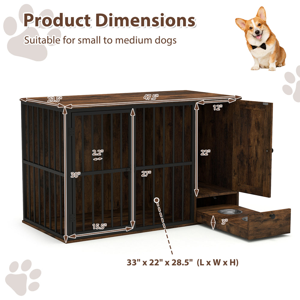 Rustic brown 47.5-inch dog crate furniture with hidden pull-out bowls, ideal for small and medium dogs, featuring a.