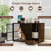 Rustic brown dog crate furniture with hidden pull-out bowls, ideal for small to medium dogs, featuring ample storage.