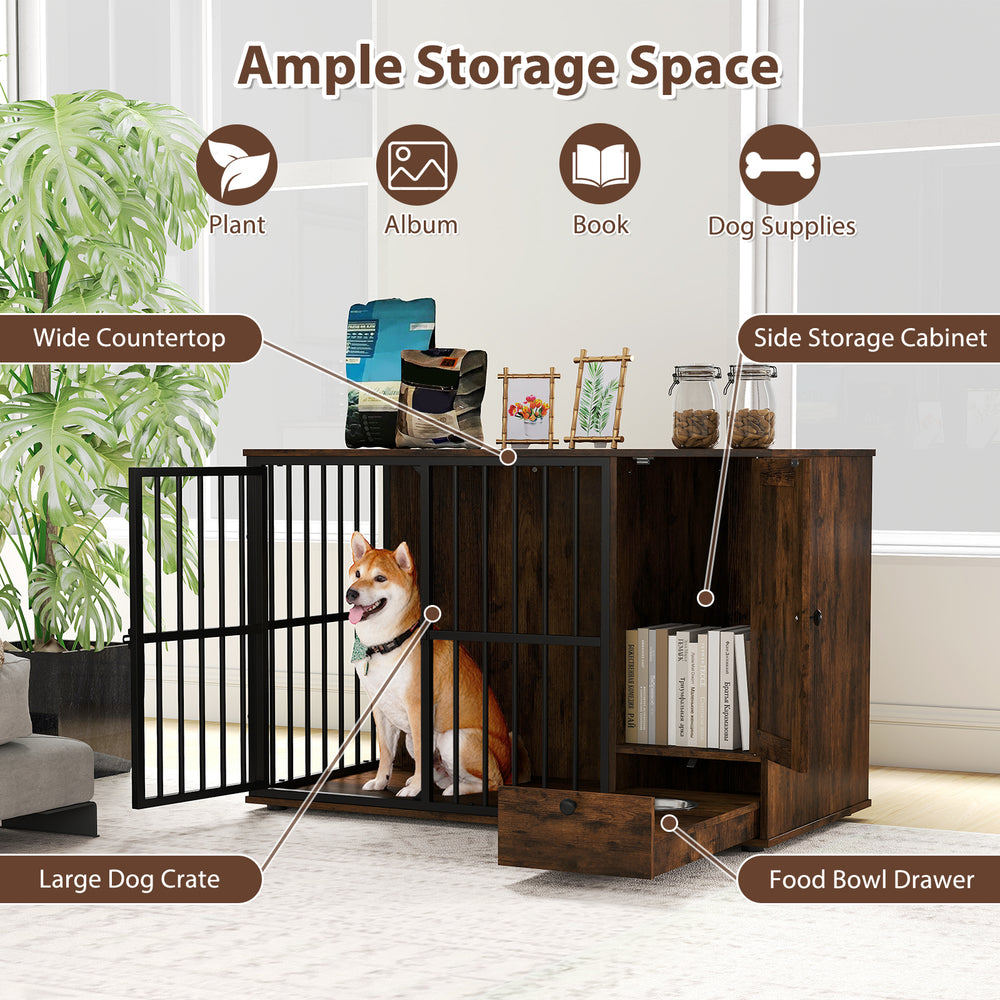 Rustic brown dog crate furniture with hidden pull-out bowls, ideal for small to medium dogs, featuring ample storage.