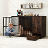 Rustic brown dog crate furniture with pull-out bowls, ideal for small to medium dogs, serving as a cozy resting spot.