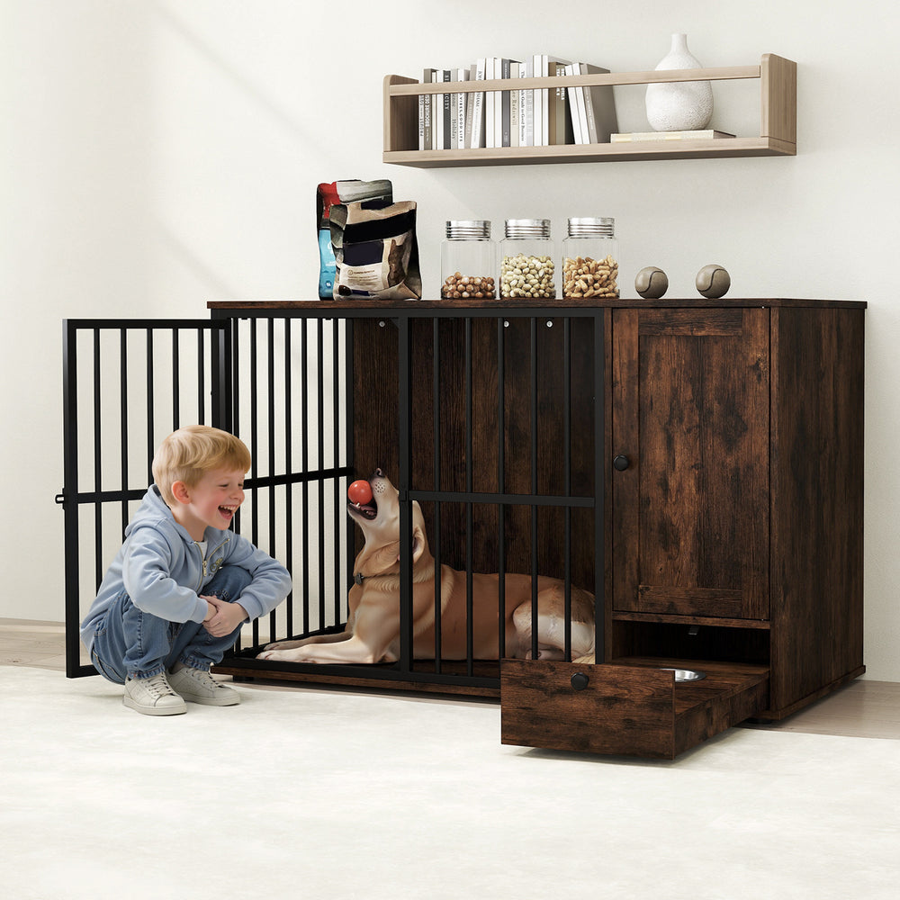 Rustic brown dog crate furniture with pull-out bowls, ideal for small to medium dogs, serving as a cozy resting spot.