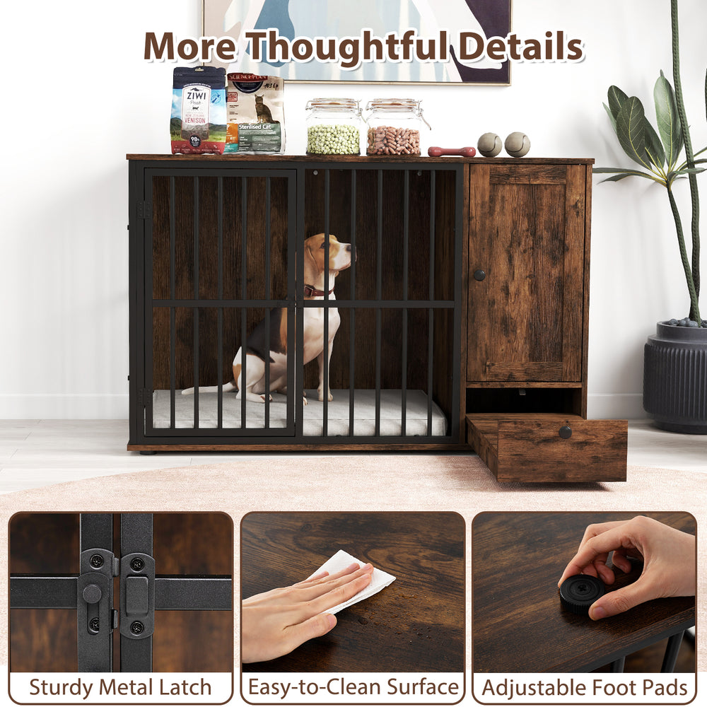 Rustic brown dog crate furniture with pull-out bowls, sturdy metal latch, and adjustable foot pads for small to medium.