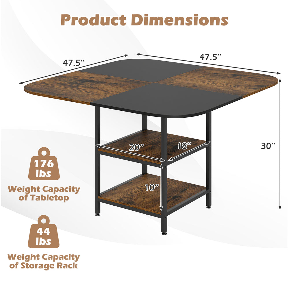 Square 47.5 inch modern dining table with rustic brown mix-colored tabletop and sturdy metal frame, ideal for dining.