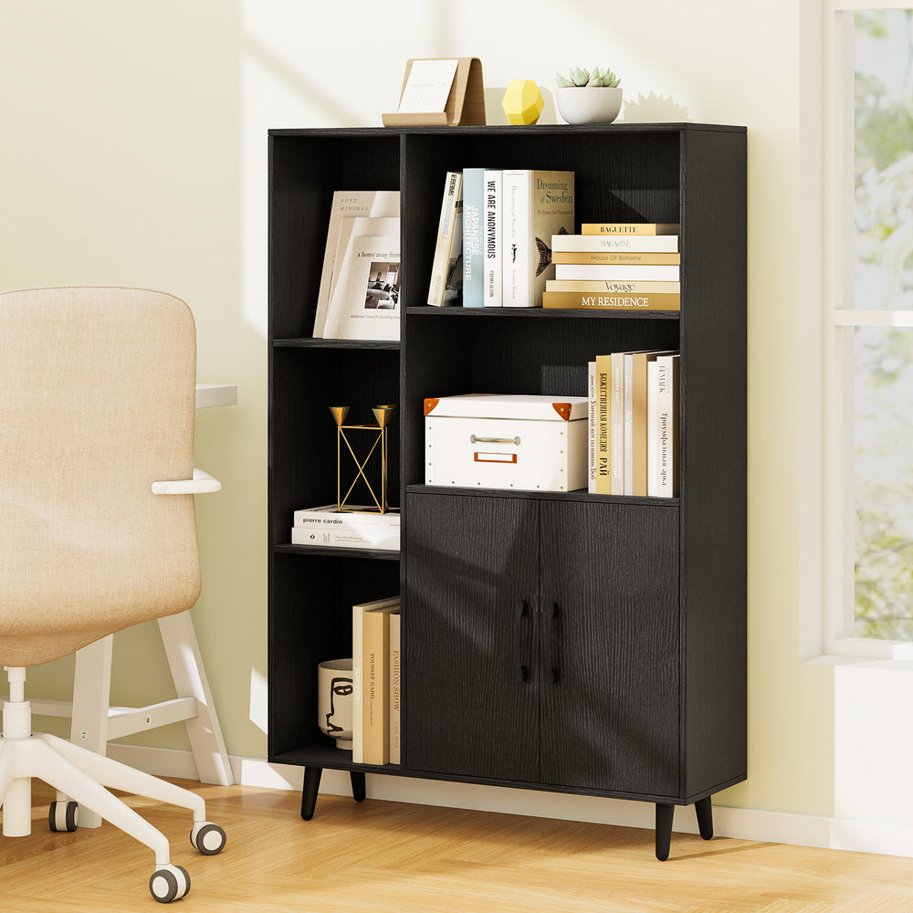 Black 4-inch floor bookshelf with 5 open compartments and storage cabinet, perfect for living room or office.