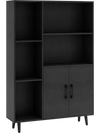 Black 4-inch floor bookshelf with 5 open compartments and a storage cabinet, perfect for living room or office.