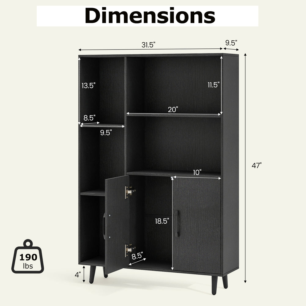 Dimensions of the black 4-inch floor bookshelf with 5 compartments and 2-door cabinet for versatile storage solutions.