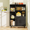 Black 4-inch floor bookshelf with 5 open compartments and storage cabinet, perfect for kitchen or living room.