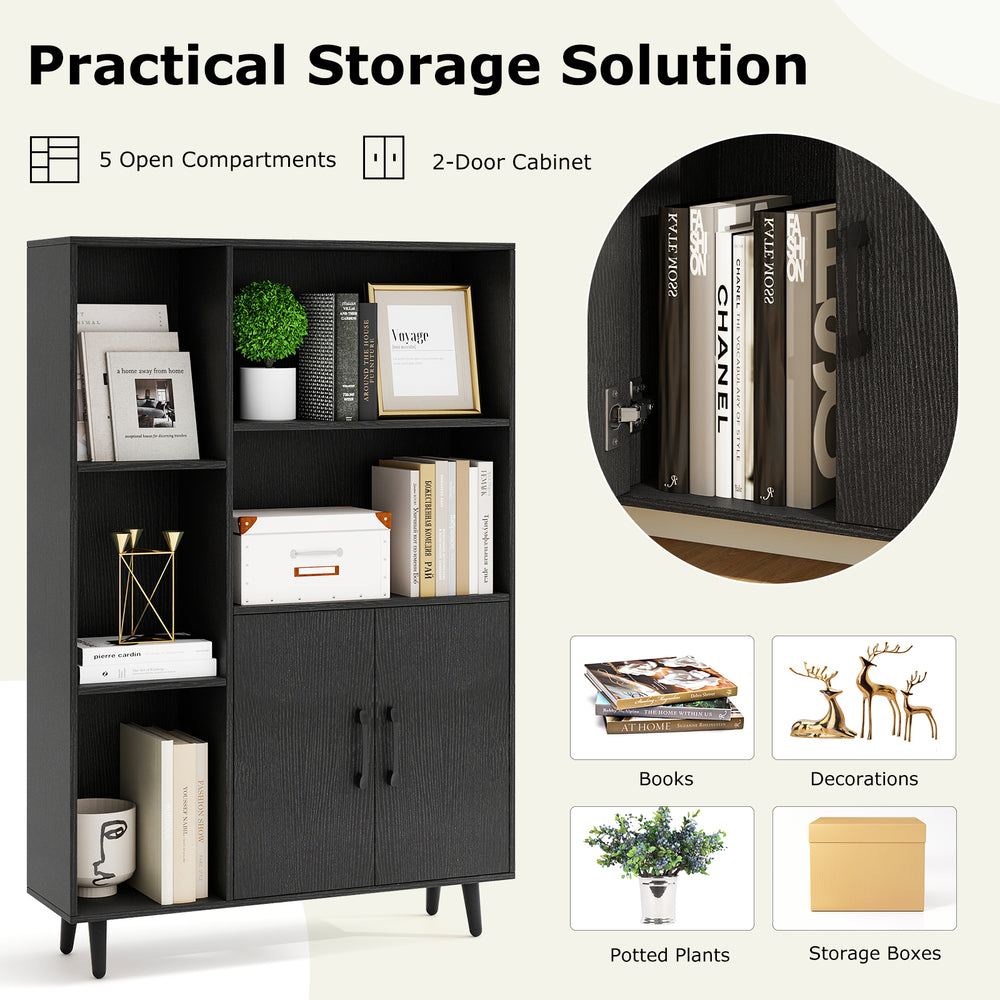 Black 4-inch floor bookshelf featuring 5 open compartments and a 2-door cabinet, perfect for books and decor storage.