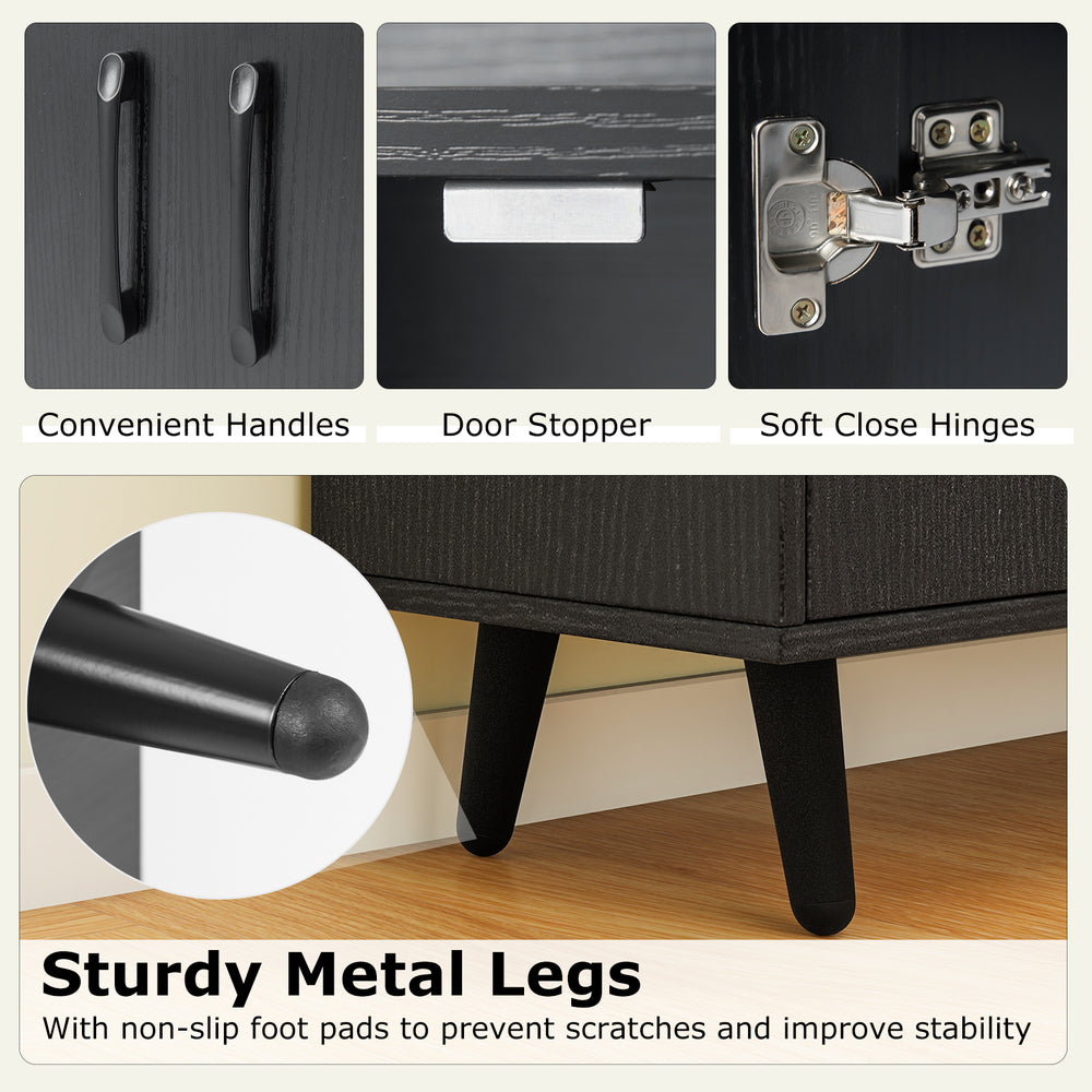 Close-up of sturdy metal legs with non-slip foot pads on a black 4-inch floor bookshelf for enhanced stability.