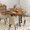 Rustic brown round dining table with smooth edges and metal legs, comfortably seating 4-6 people for stylish meals.