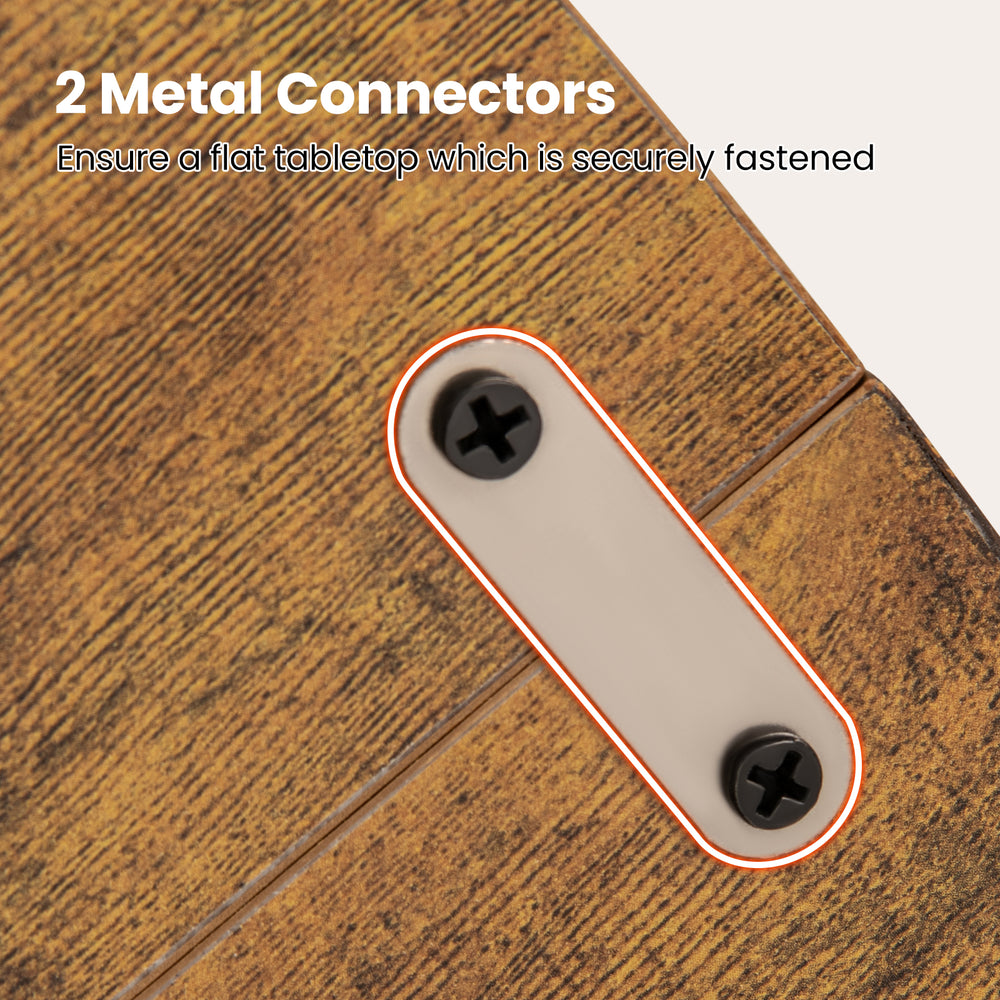 Close-up of the metal connectors on the rustic brown dining table, ensuring a securely fastened and flat tabletop.