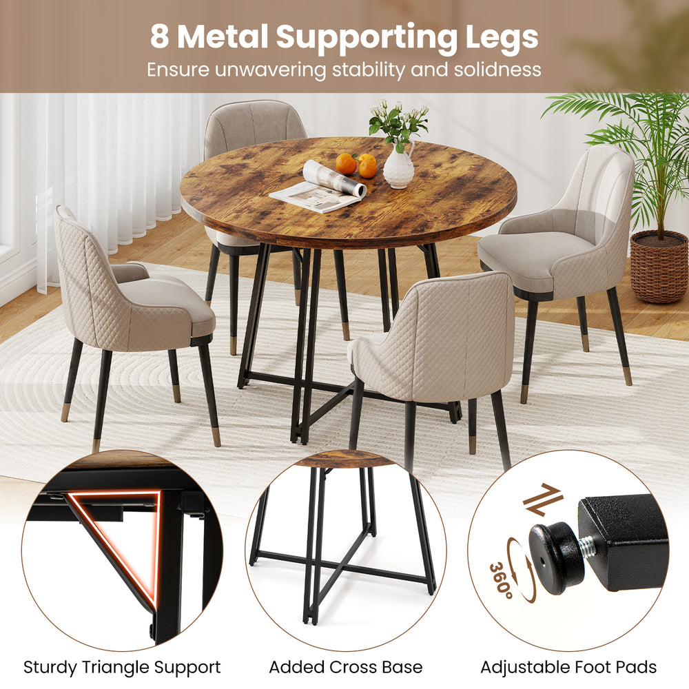 Round 47-inch dining table with rustic brown wood-like texture, 8 metal legs, and cross base for stability, seats 4-6.