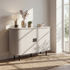 Fluted sideboard buffet cabinet with tambour sliding doors, grey finish, and metal legs, perfect for stylish storage.