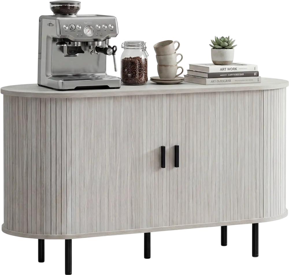 47-inch grey fluted sideboard buffet cabinet with metal legs, showcasing a spacious top for decorative displays and.