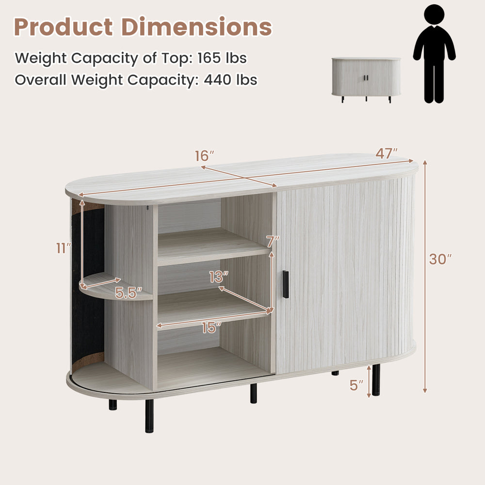 47-inch fluted sideboard buffet cabinet in grey with tambour sliding doors, featuring multiple compartments for.