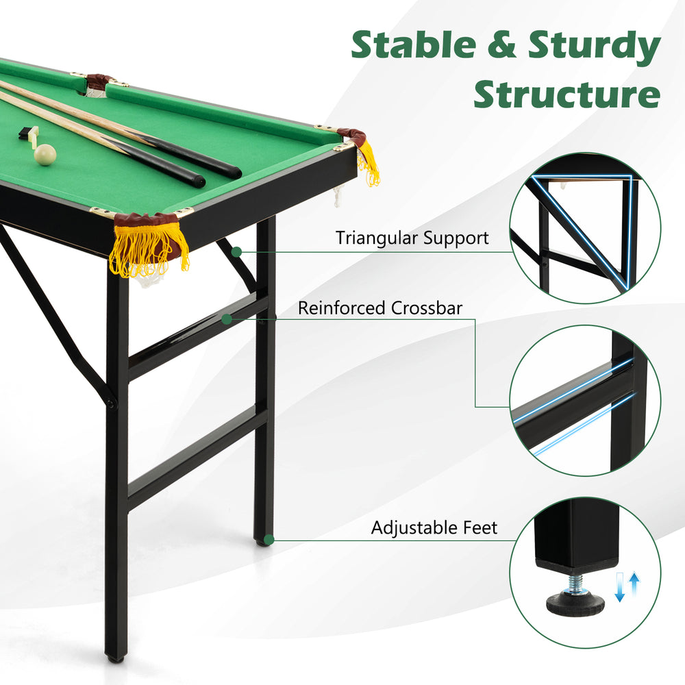 Folding billiard table with triangular support and adjustable feet, made of durable MDF, perfect for kids' play.