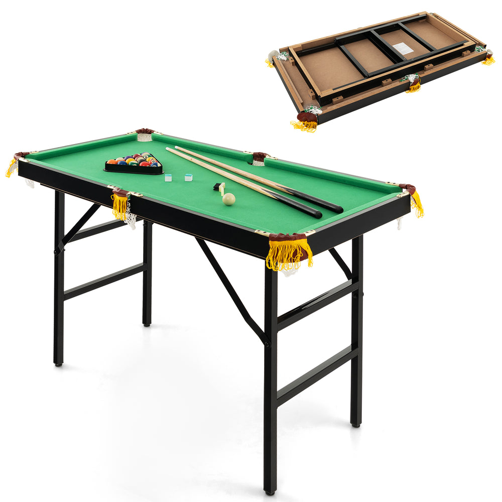 Folding 47-inch billiard table in green with cues and chalk, perfect for kids' play and space-saving storage.