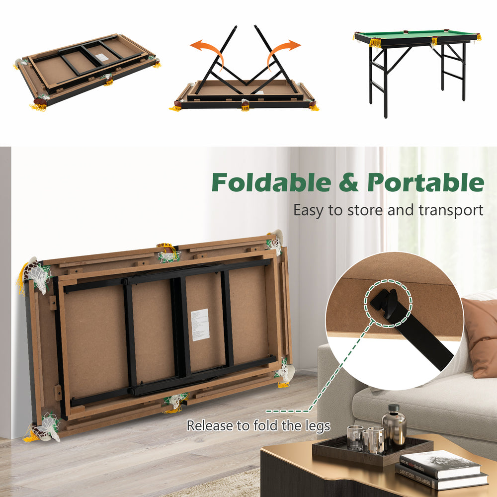 Folding billiard table with cues and chalk, made of durable MDF, designed for kids' play and easy storage.