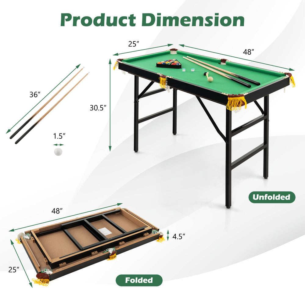 Folding billiard table with green felt, dimensions 47"x25"x30.5", includes cues and accessories for kids' play.