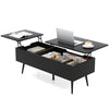 Lift top coffee table in black with two hidden compartments, showcasing a laptop and coffee for convenient use.