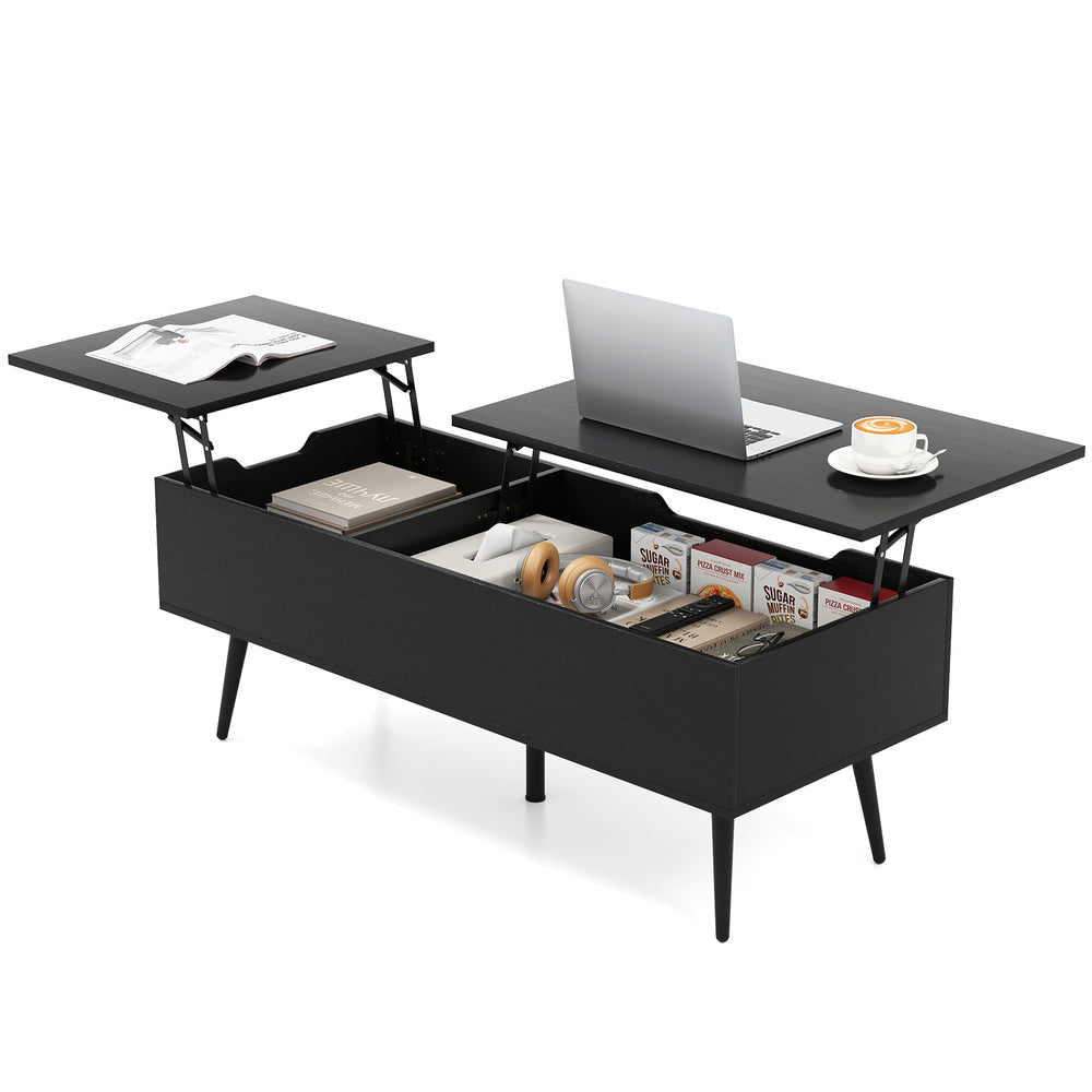Lift top coffee table in black with two hidden compartments, showcasing a laptop and coffee for convenient use.