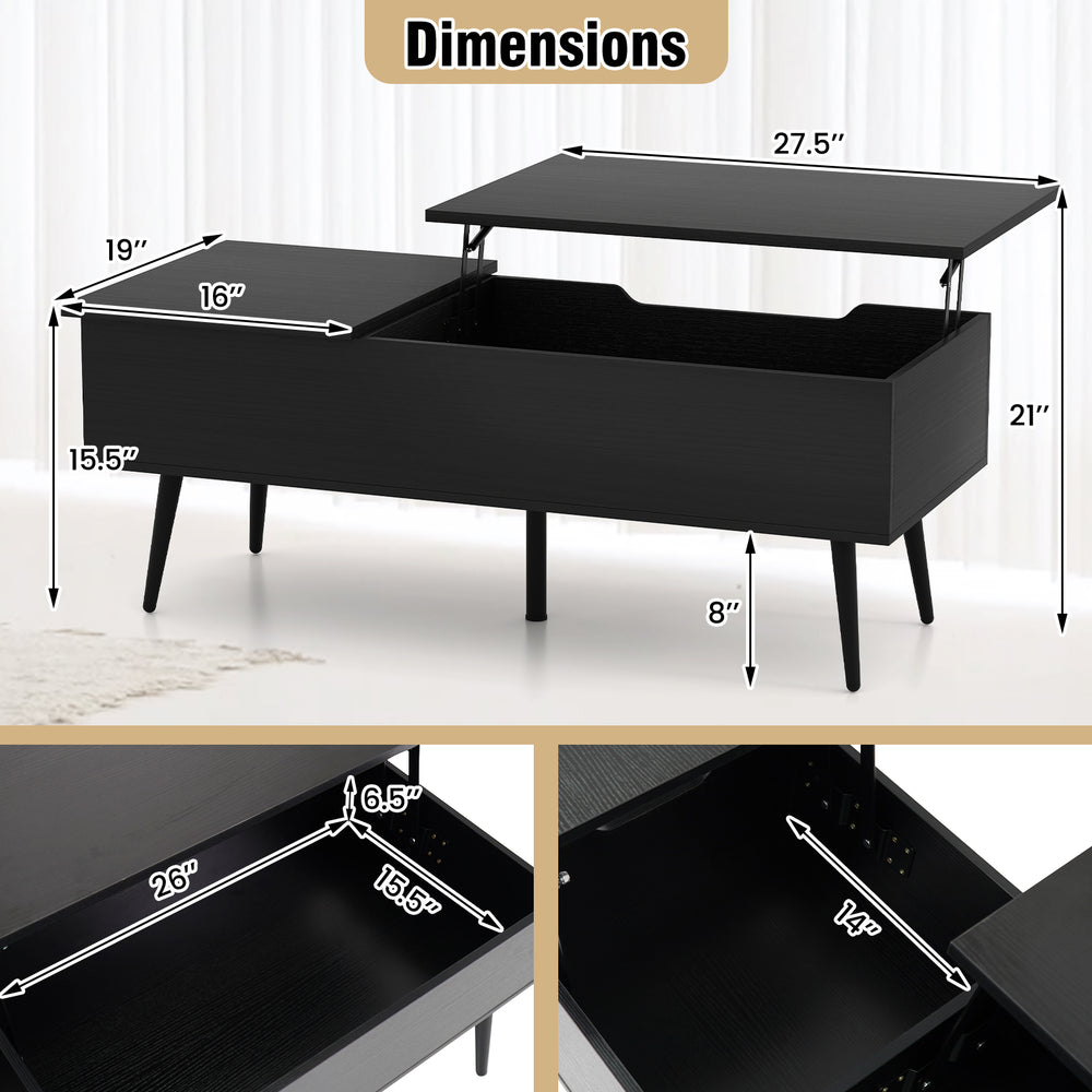 Lift top coffee table in black with dimensions, showcasing two hidden compartments and splayed solid wood legs.