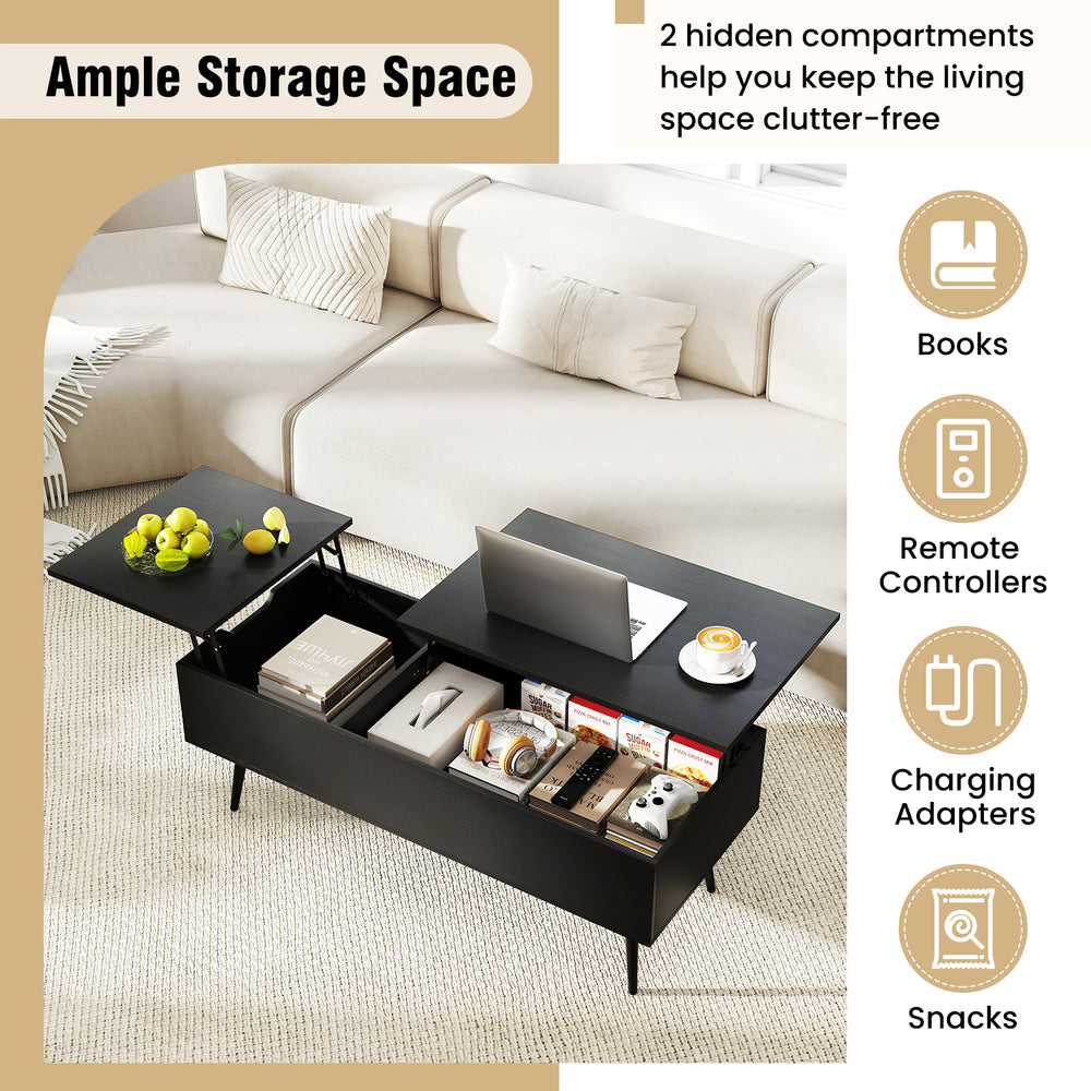 Lift top coffee table in black with two hidden compartments for storage, ideal for living room organization.