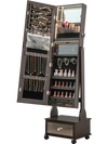 Lockable jewelry cabinet armoire with full-length mirror, LED lights, and velvet lining for organized storage in brown.