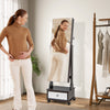 Full-length mirror jewelry cabinet with lock, 3-color LED lights, and storage drawer, perfect for elegant home decor.