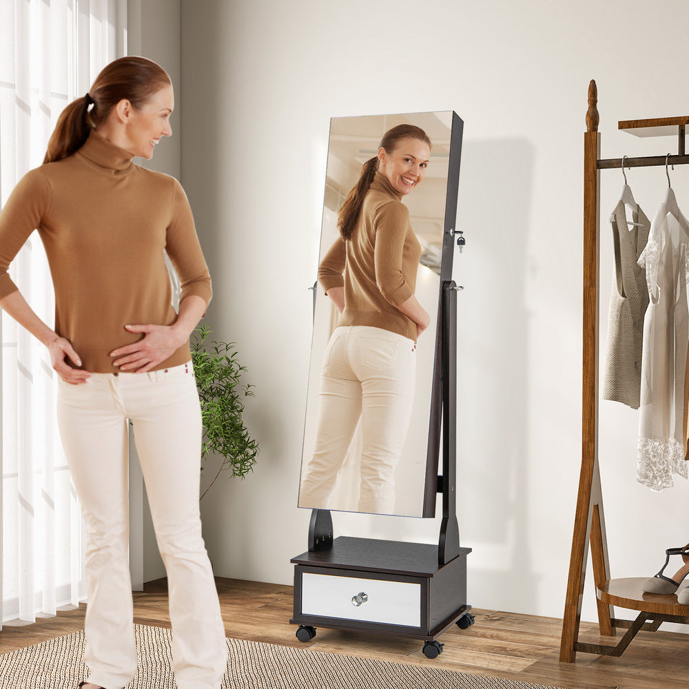 Full-length mirror jewelry cabinet with lock, 3-color LED lights, and storage drawer, perfect for elegant home decor.