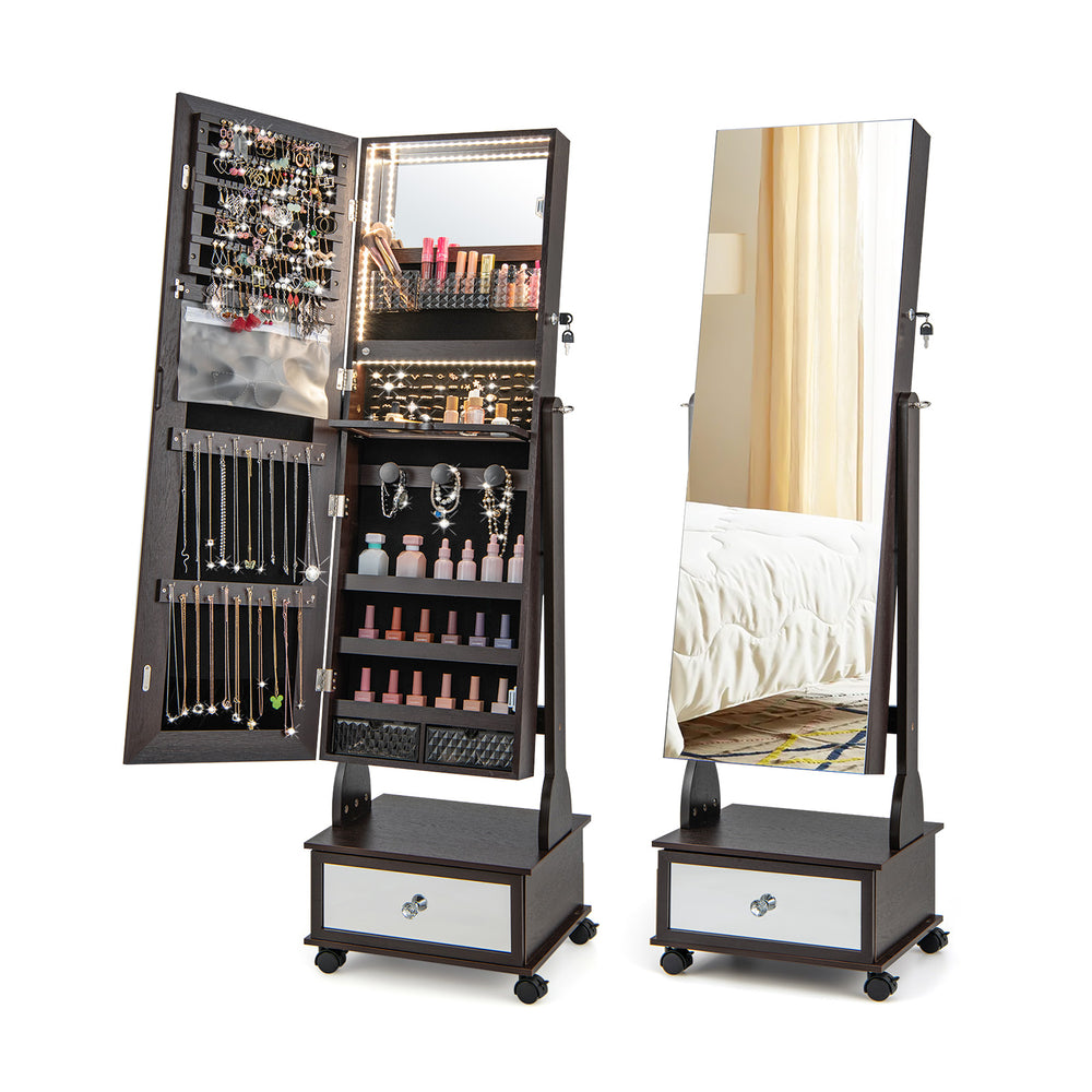 Lockable jewelry cabinet armoire with full-length mirror, LED lights, and ample storage for organized jewelry display.