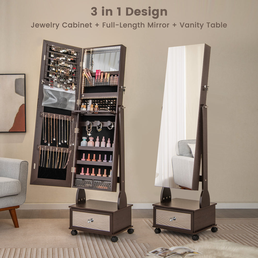 Lockable jewelry cabinet armoire with full-length mirror, LED lights, and storage drawers in brown, ideal for organized.