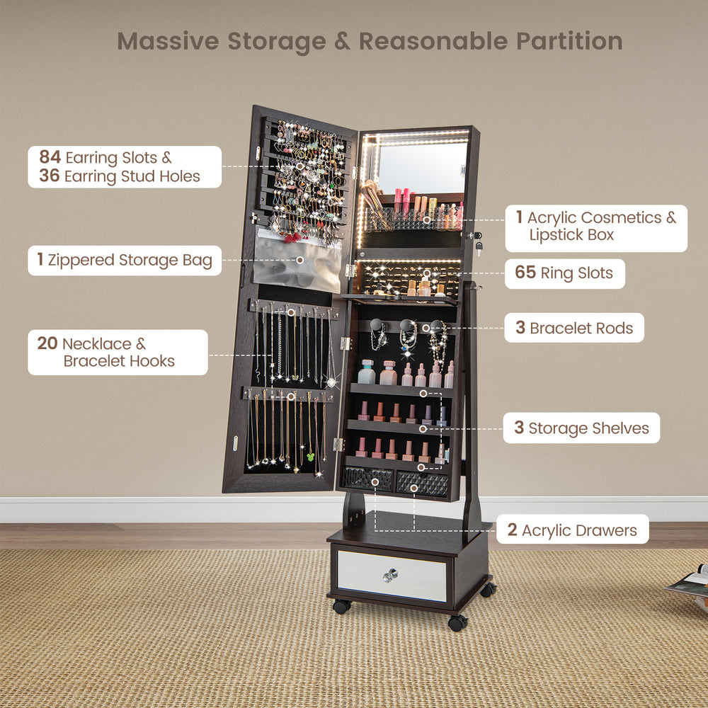 47-inch brown jewelry cabinet armoire with LED lights, full-length mirror, and multiple storage options for organized.