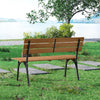 Back view of a 47-inch outdoor acacia wood bench with a metal frame, perfect for gardens and backyard relaxation.