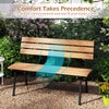 Outdoor acacia wood bench with slatted seat and metal frame, designed for ergonomic comfort in patios or gardens.