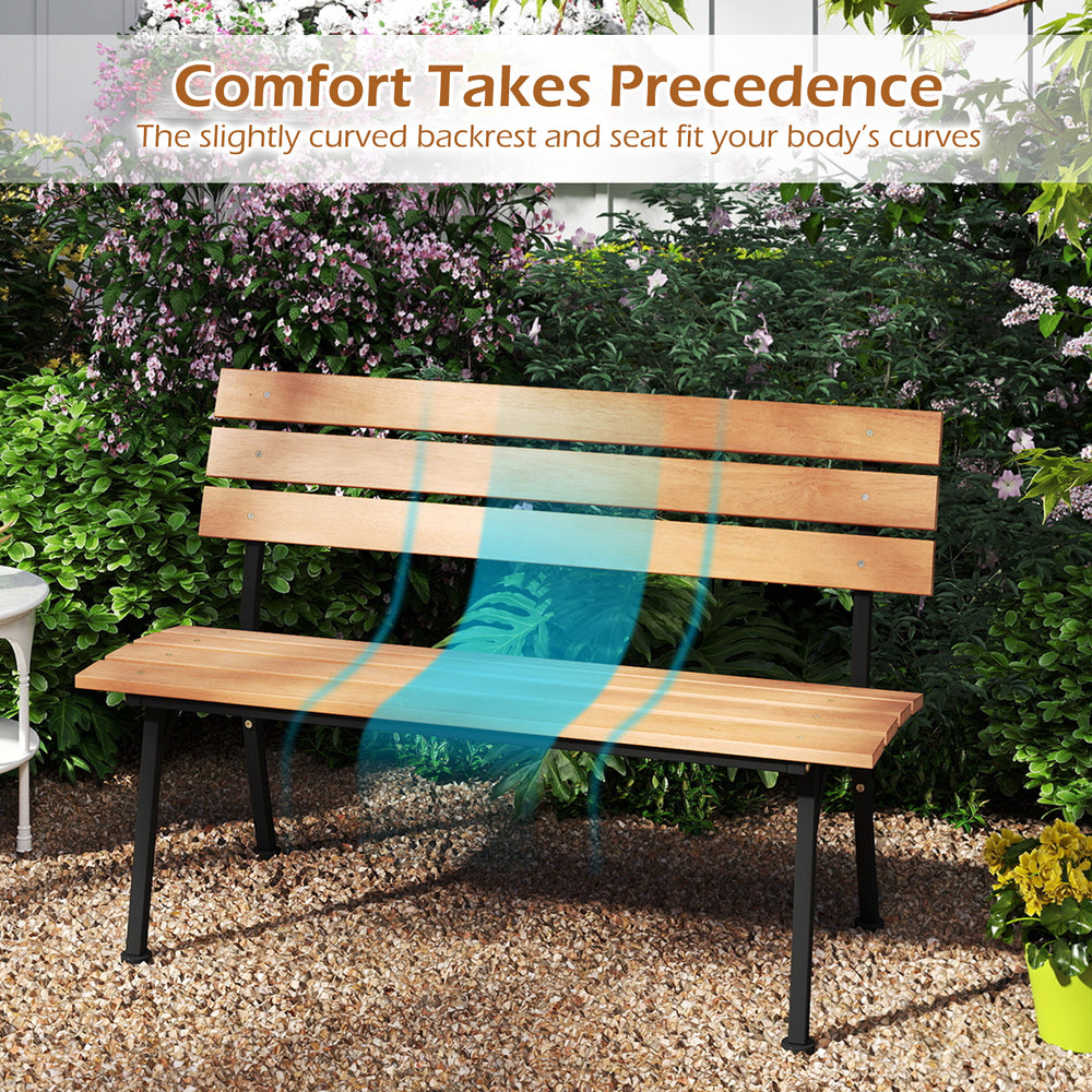 Outdoor acacia wood bench with slatted seat and metal frame, designed for ergonomic comfort in patios or gardens.