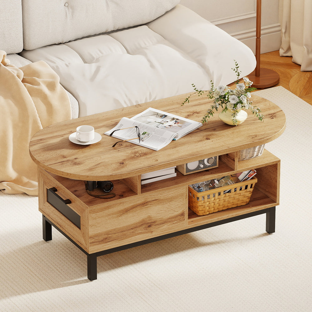 47 Inch Oval Coffee Table with Storage and Open Compartments for Living Room-Natural - Gallery View 1 of 10