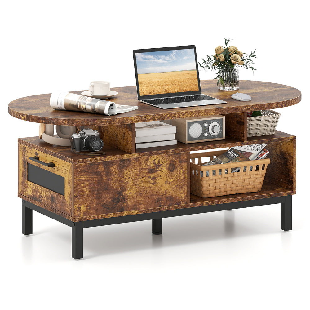 Oval coffee table in rustic brown with open compartments and storage, perfect for living room organization and style.