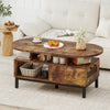 Top view of the 47-inch oval coffee table in rustic brown, showcasing open compartments for stylish living room storage.