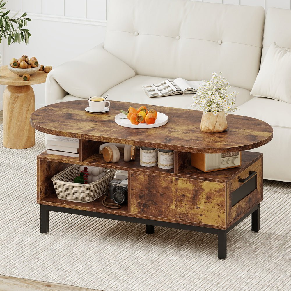 Top view of the 47-inch oval coffee table in rustic brown, showcasing open compartments for stylish living room storage.