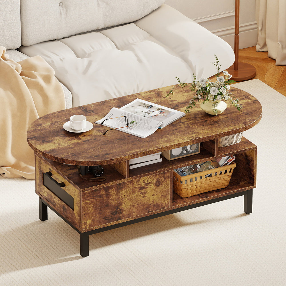 47 Inch Oval Coffee Table with Storage and Open Compartments for Living Room-Rustic Brown - Gallery View 1 of 12