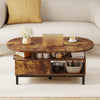 Front view of the 47-inch oval coffee table in rustic brown, highlighting its ample storage space and elegant design.