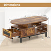 47-inch oval coffee table in rustic brown with dimensions, featuring storage compartments and an elegant design for.