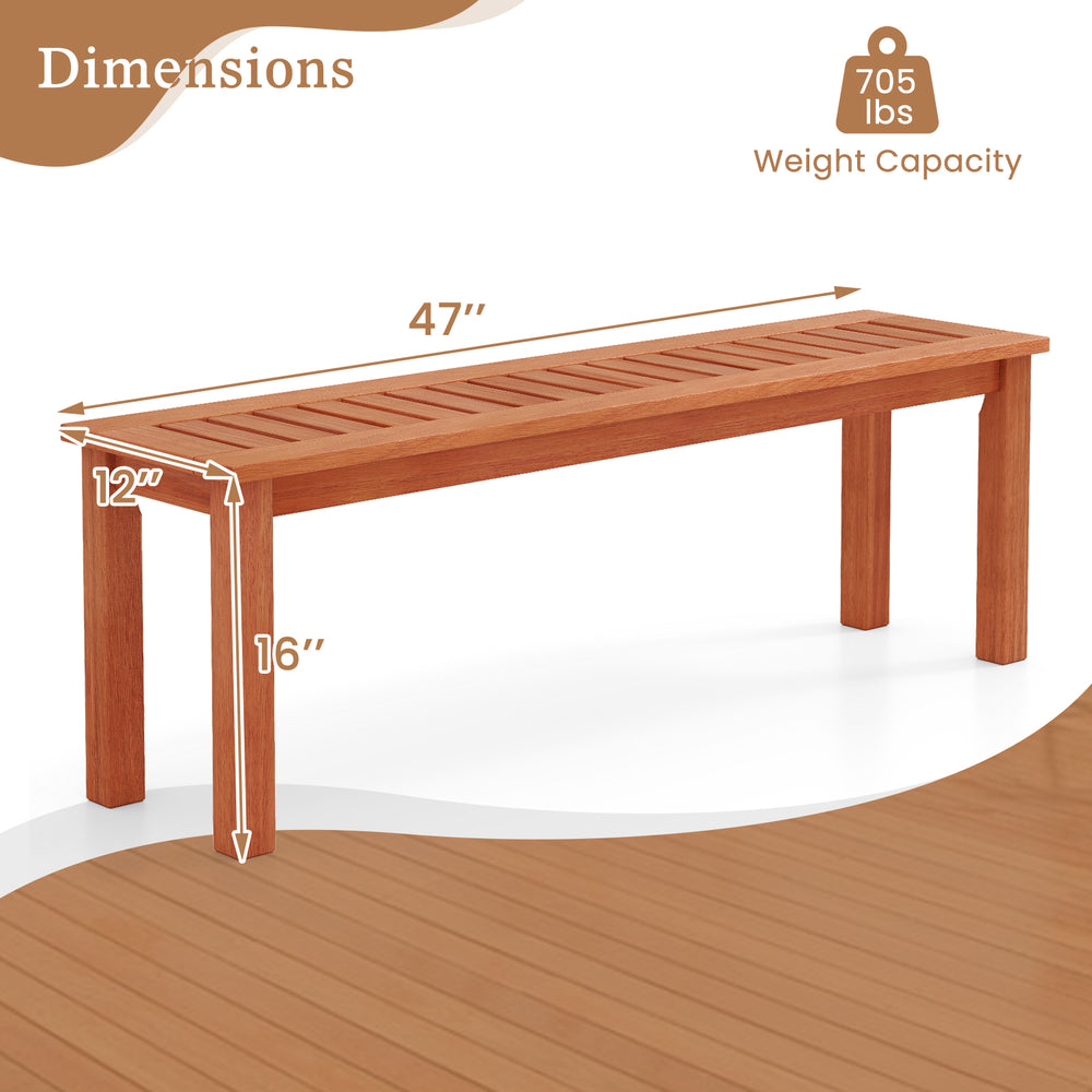 47-inch patio wood bench with slatted seat, made of solid wood, 705 lbs capacity, ideal for garden or poolside use.