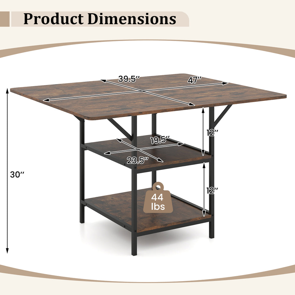 47-inch rectangular dining table with rustic brown wood texture, sturdy metal legs, and two open storage shelves.